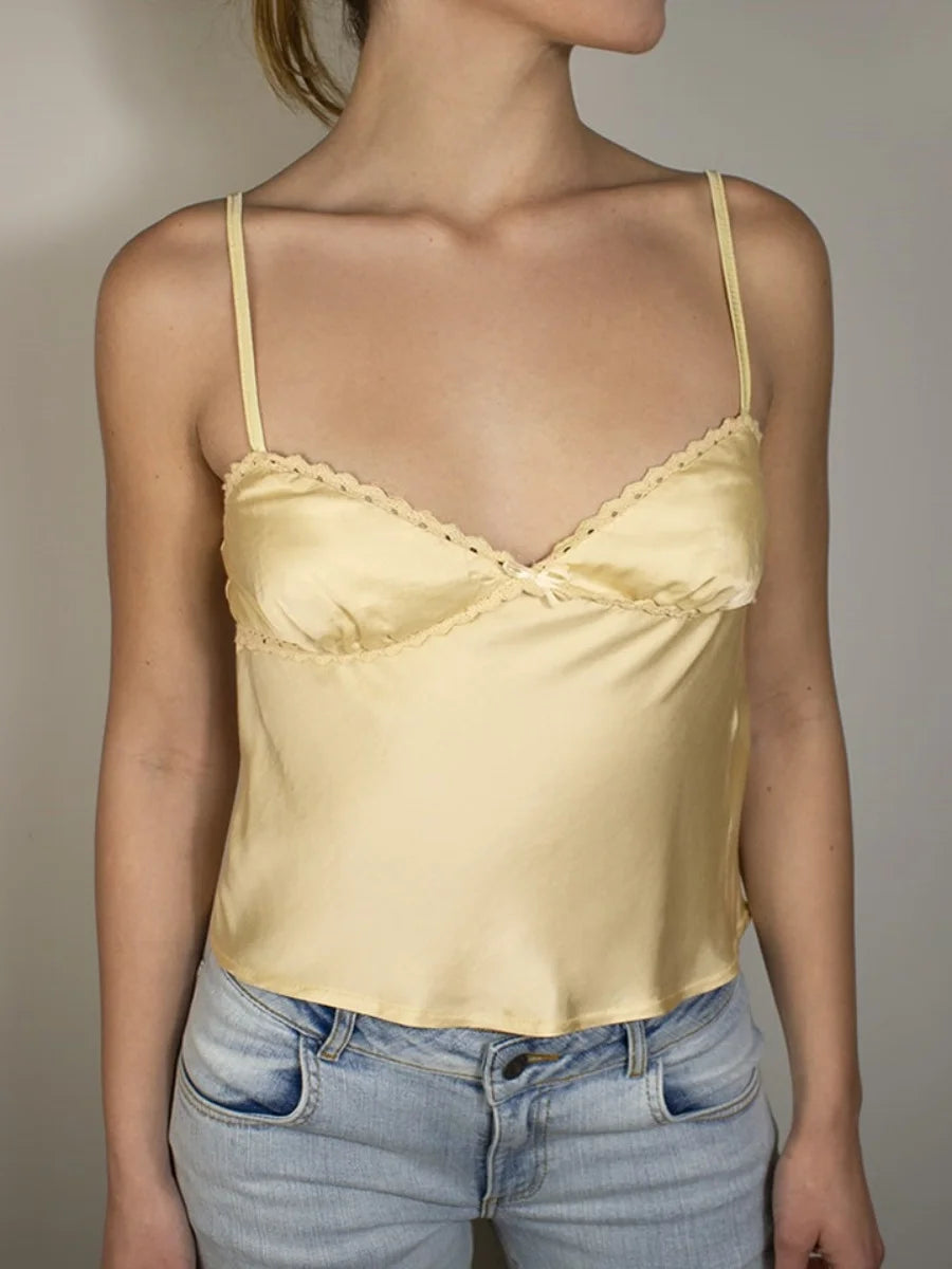 Women Solid Satin Camisole Tops Sleeveless Spaghetti Straps V Neck Summer Y2k Sweet Lace Trim Tank Tops Streetwear Cami Top