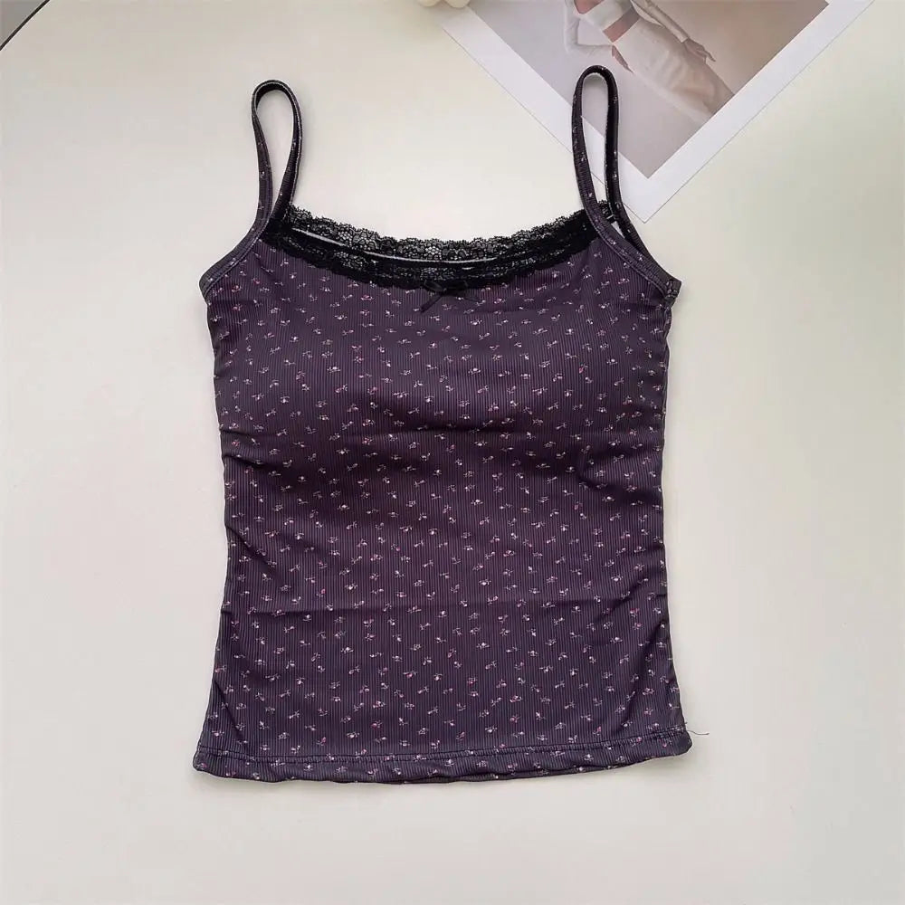Elegant Lace Flower Print Camis 2024 Y2K Slim Sexy Vest Floral Tops One Size Floral Tank Tops Spring