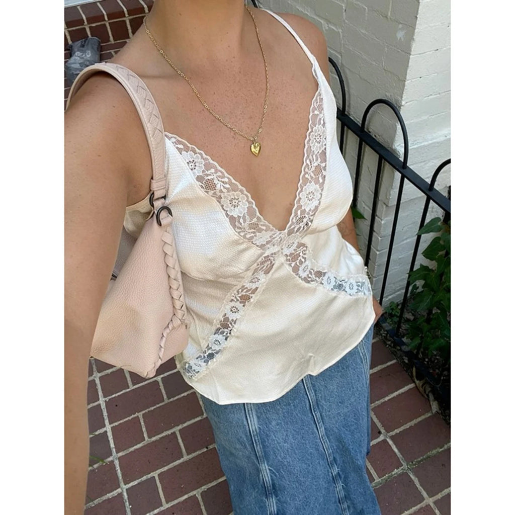 Combhasaki Women Lace Trim Satin Tank Tops Silk Spaghetti Strap V Neck Mesh Lace Camisole Top Y2K Flowy Going Out Layering Top