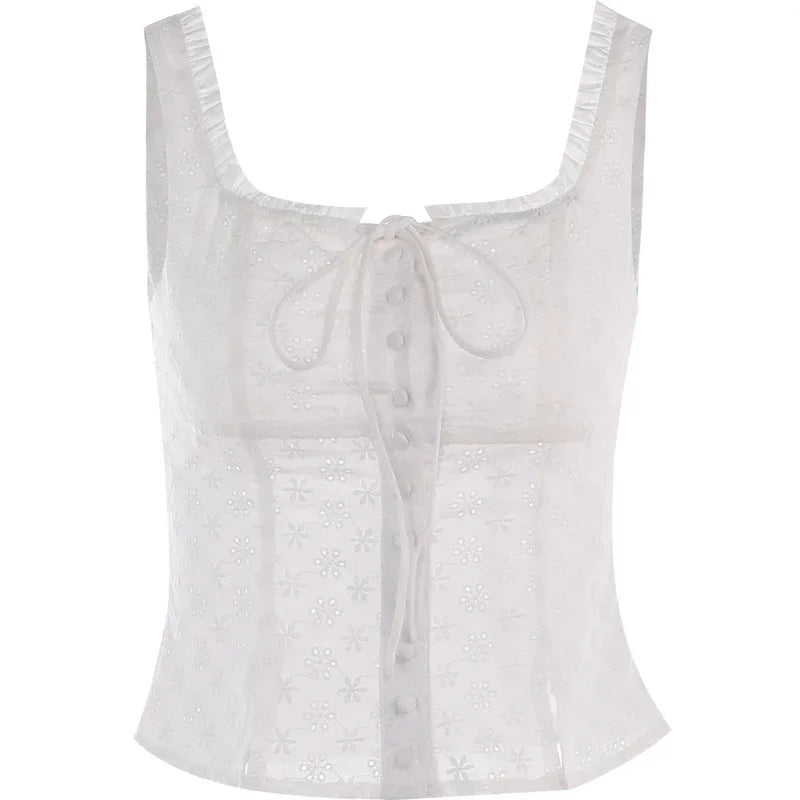 Sexy Top Embroidered Flower Lace Retro Tops 2025 Women's Summer Countryside Style Tank Top m
