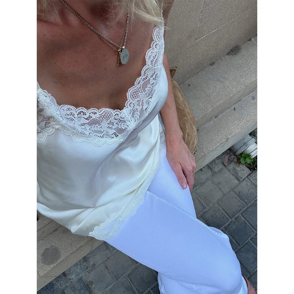 Solid Satin Lace Splicing Sling Tanks Tops Women Elegant Cotton Hem V Neck Backless Sleeveless Coquette Chic Party Club Tops