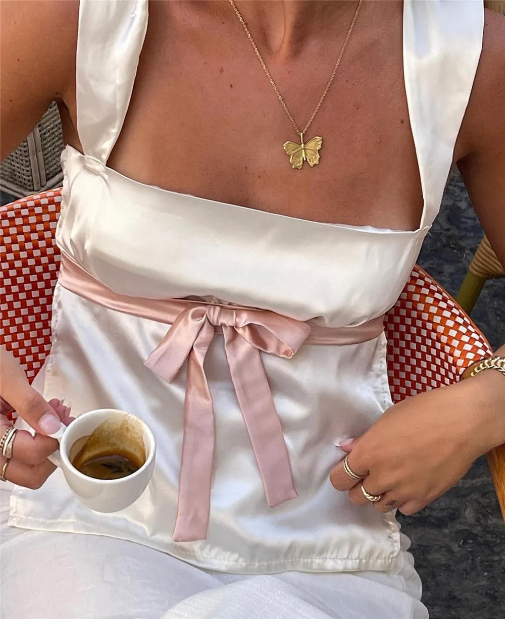 2000s Aesthetic Satin Patchwork Milkmaid Cami Tops Y2K Fairy Grunge Backless Bow Mini Vest Retro Women Crop Top Streetwear