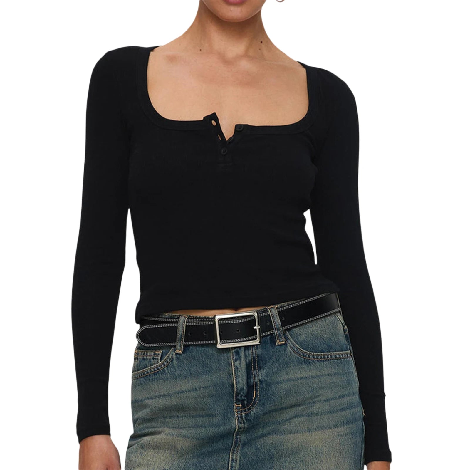 Women Crop Fitted Tops Trendy Solid Color Square Neck Button Long Sleeve Henley Shirt Fall Winter Casual Blouse for Daily Life