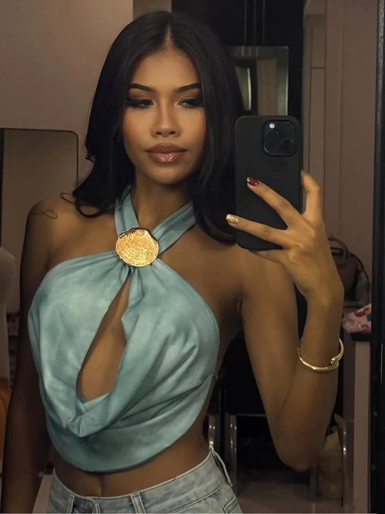 Seashell Halter Camisole Women Backless Swing Collar Satin Silky Midnight Clubwear Skinny Beach Vacation Tank Tops