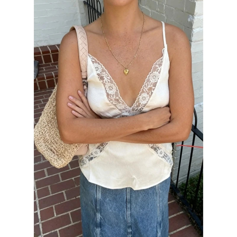 Combhasaki Women Lace Trim Satin Tank Tops Silk Spaghetti Strap V Neck Mesh Lace Camisole Top Y2K Flowy Going Out Layering Top