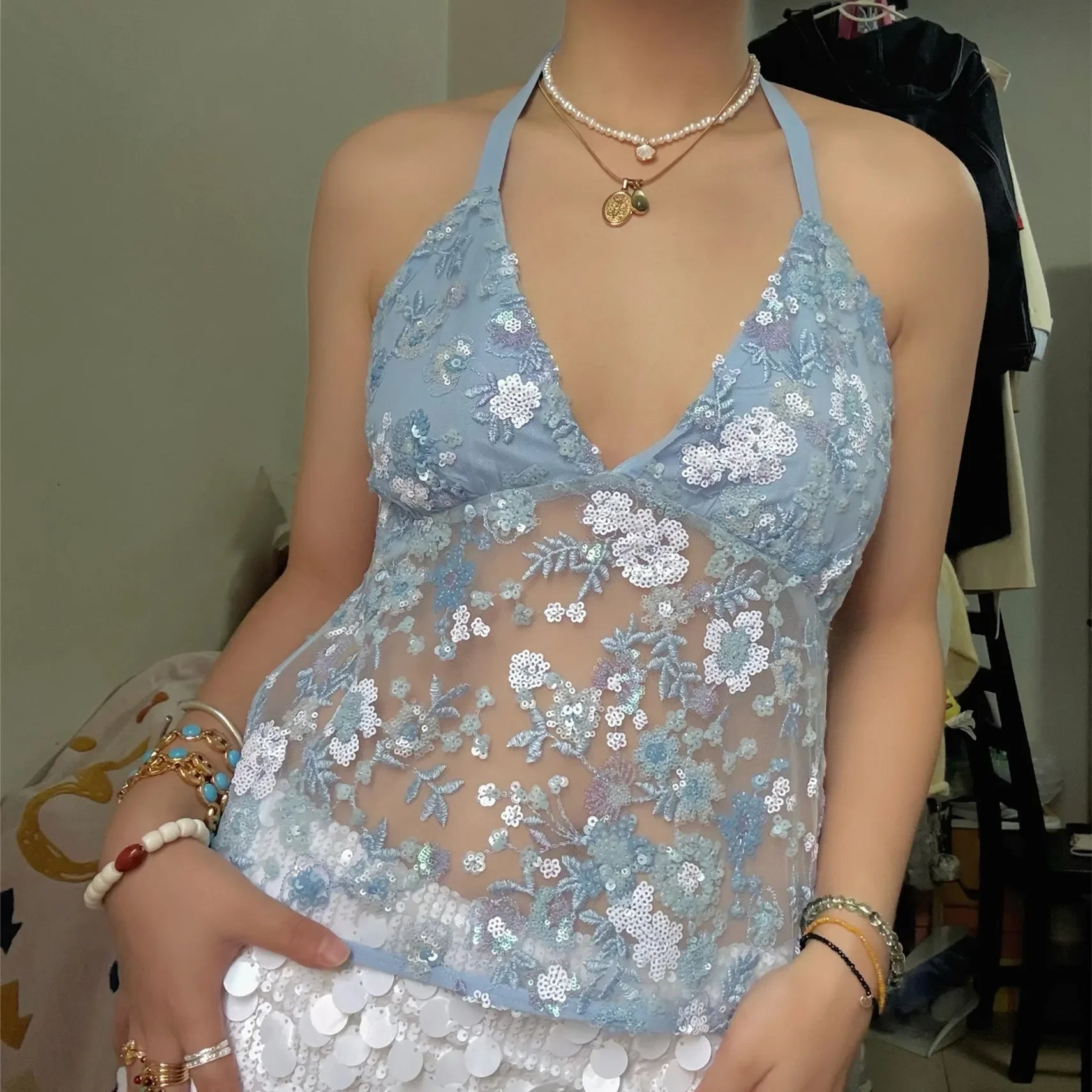 Sequin Halter Top for Women Sexy Deep V Neck Beaded Tops Sparkly Glitter Tank Top Going Out Rave Outfits Party Clubwear