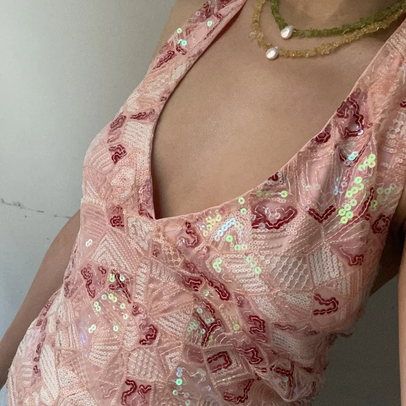 Y2k Aesthetic Sequin Beaded Tank Tops for Woman Sleeveless Halter Neck Crop Vest V Neck Backless Cami Tops Streetwear Going Out