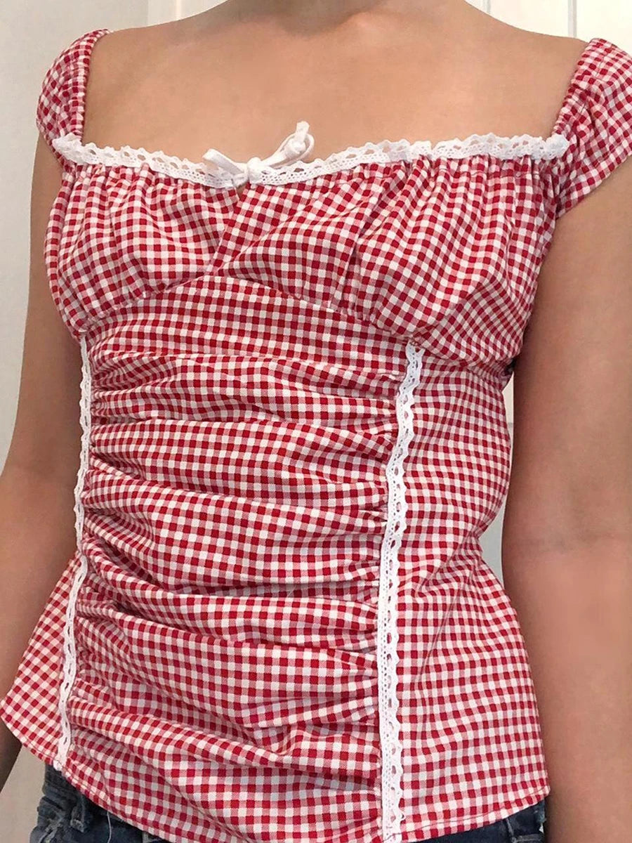 Women Y2k Gingham Tank Top Sleeveless Coquette Aesthetic Plaid Print Cami Crop Top Summer Fairycore Grunge Top Streetwear