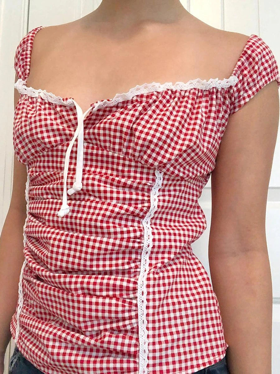 Women Y2k Gingham Tank Top Sleeveless Coquette Aesthetic Plaid Print Cami Crop Top Summer Fairycore Grunge Top Streetwear