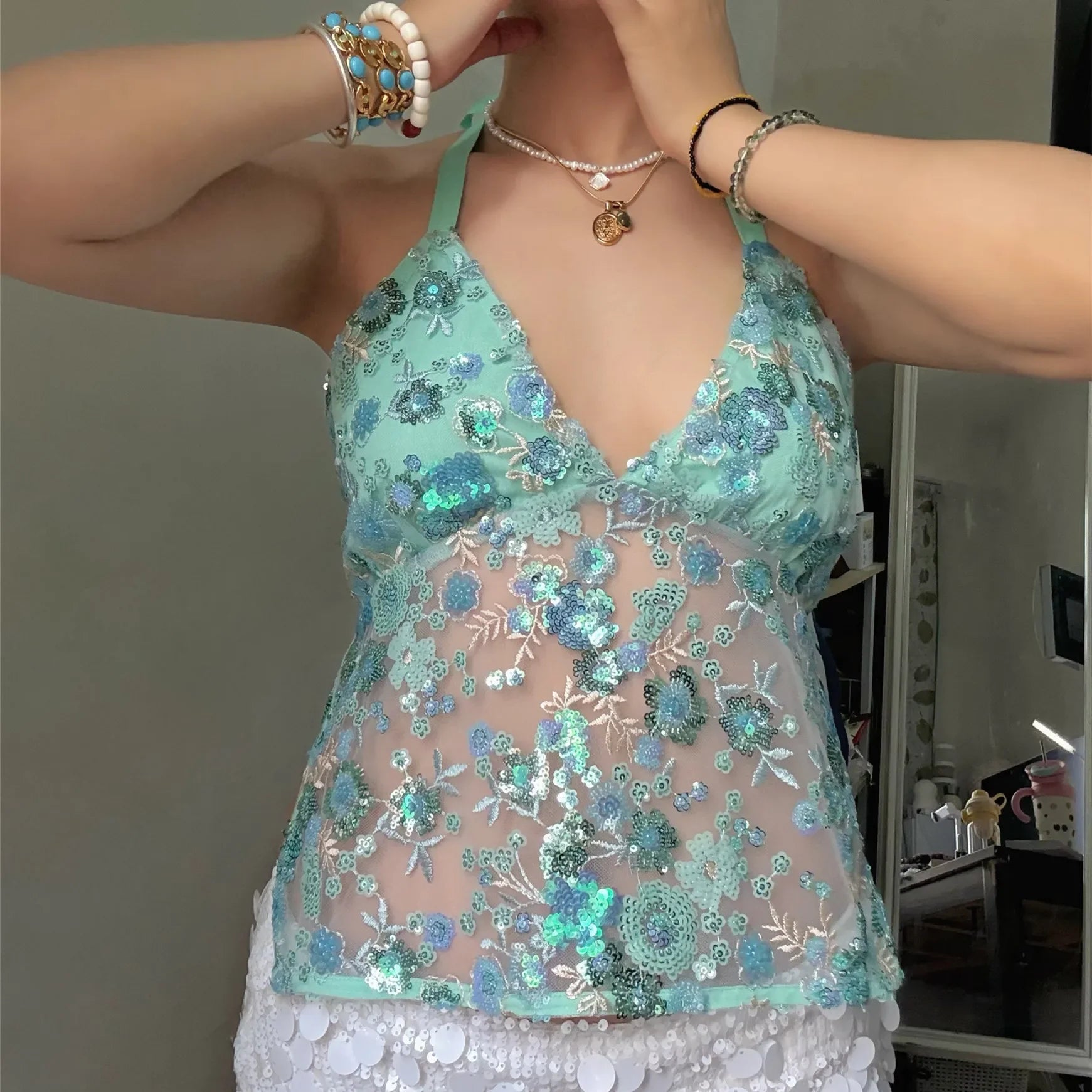 Sequin Halter Top for Women Sexy Deep V Neck Beaded Tops Sparkly Glitter Tank Top Going Out Rave Outfits Party Clubwear