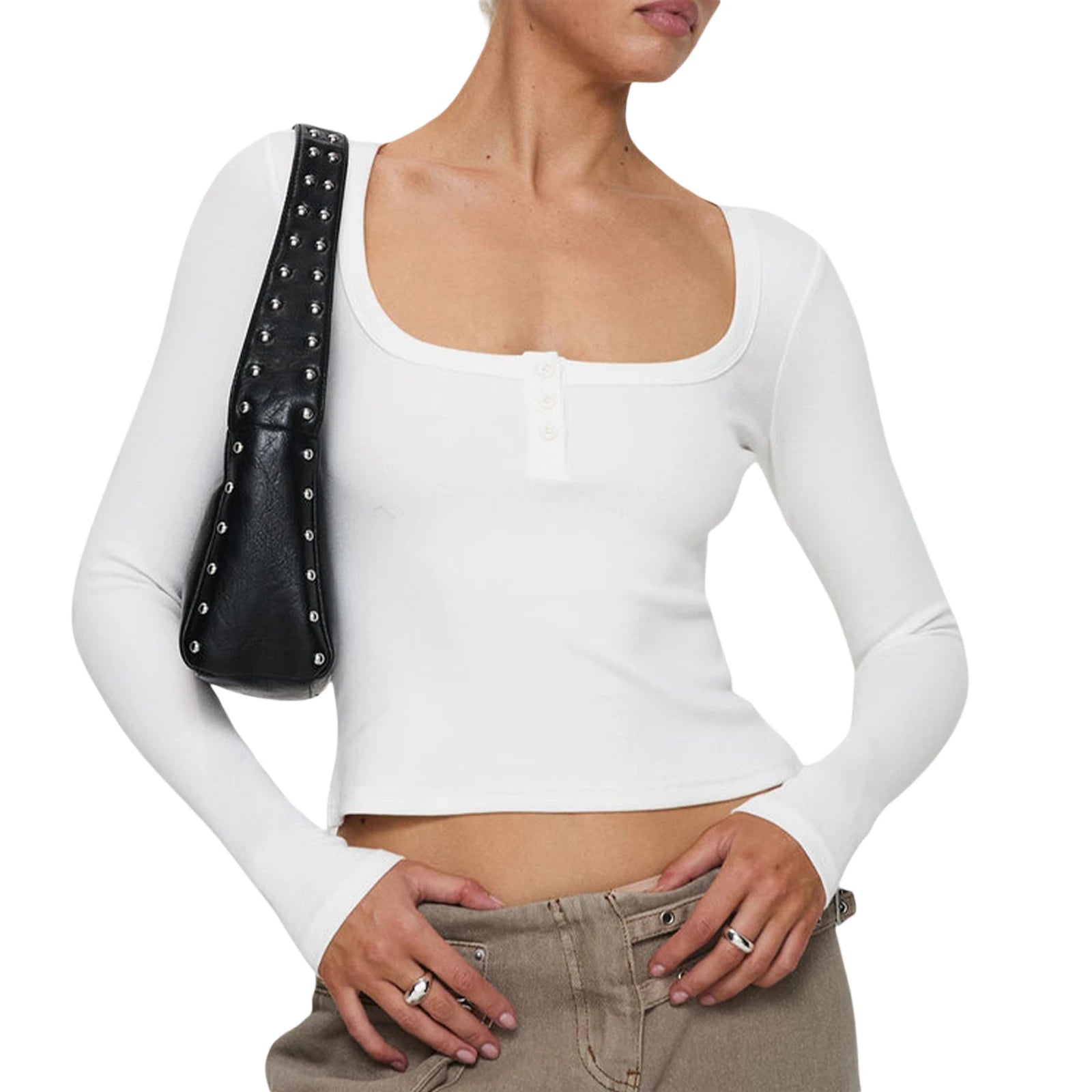 Women Crop Fitted Tops Trendy Solid Color Square Neck Button Long Sleeve Henley Shirt Fall Winter Casual Blouse for Daily Life