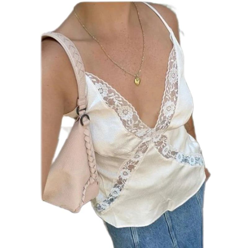 Combhasaki Women Lace Trim Satin Tank Tops Silk Spaghetti Strap V Neck Mesh Lace Camisole Top Y2K Flowy Going Out Layering Top