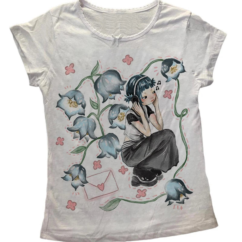 Y2K Korean Popular Clothes Emo Aesthetic Summer Baby Tee Streetwear Gothic Harajuku Graphic Print T-shirt Women Vintage Crop Top