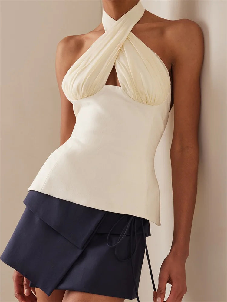 Sexy Women Summer Fashion Tank Tops Solid Color Sleeveless Backless Tie-up Halter Off Shoulder Ruched Vest Streetwear