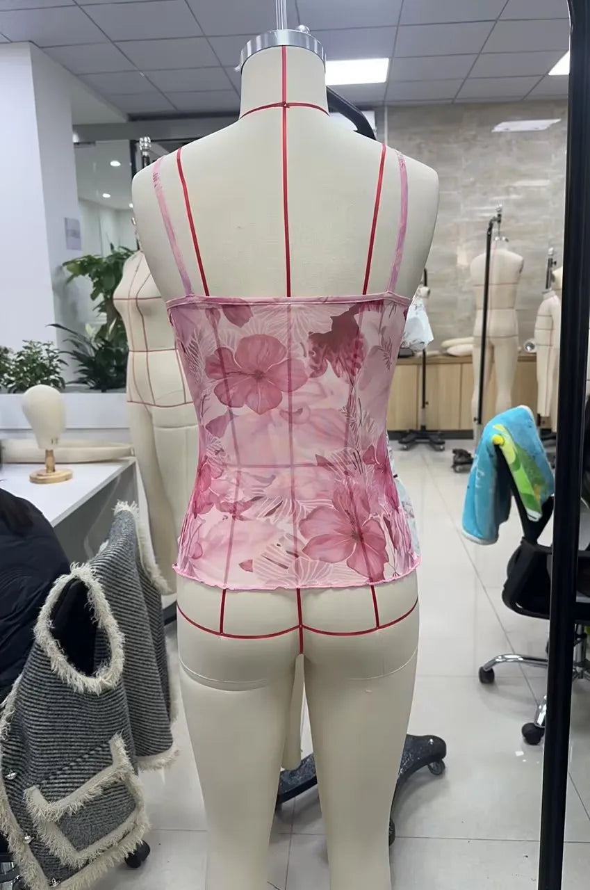 Women Summer Vintage y2k Aesthetic Crop Tops Floral Print Boho Sleeveless Spaghetti Strap Mesh See Through Coquette Tanks Camis