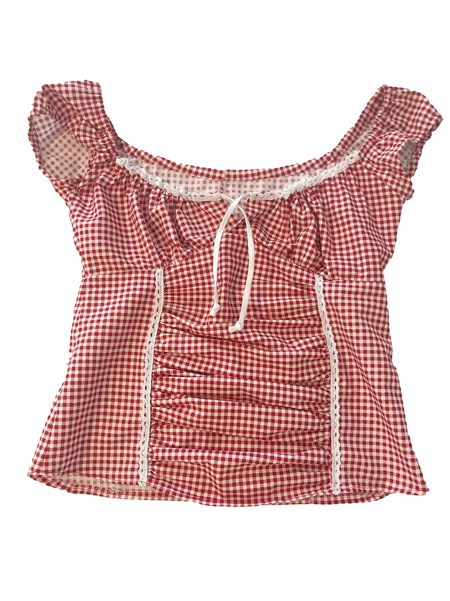 Women Y2k Gingham Tank Top Sleeveless Coquette Aesthetic Plaid Print Cami Crop Top Summer Fairycore Grunge Top Streetwear