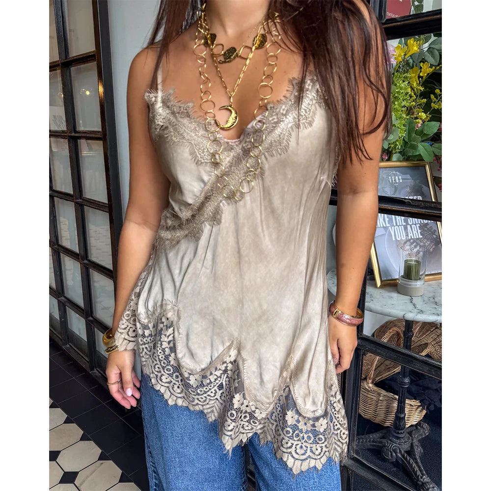 Women Retro Boho Lace Trim Satin Tank Tops V Neck Silk Camisole Tops Asymmetrical Backless Spaghetti Strap Tank Cami Shirts