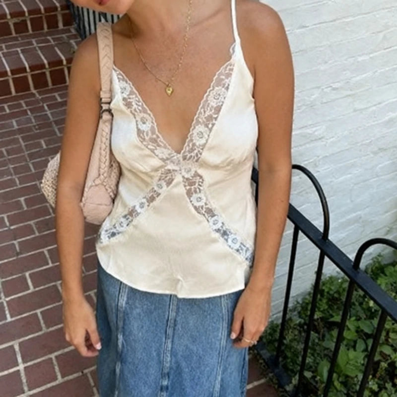 Combhasaki Women Lace Trim Satin Tank Tops Silk Spaghetti Strap V Neck Mesh Lace Camisole Top Y2K Flowy Going Out Layering Top