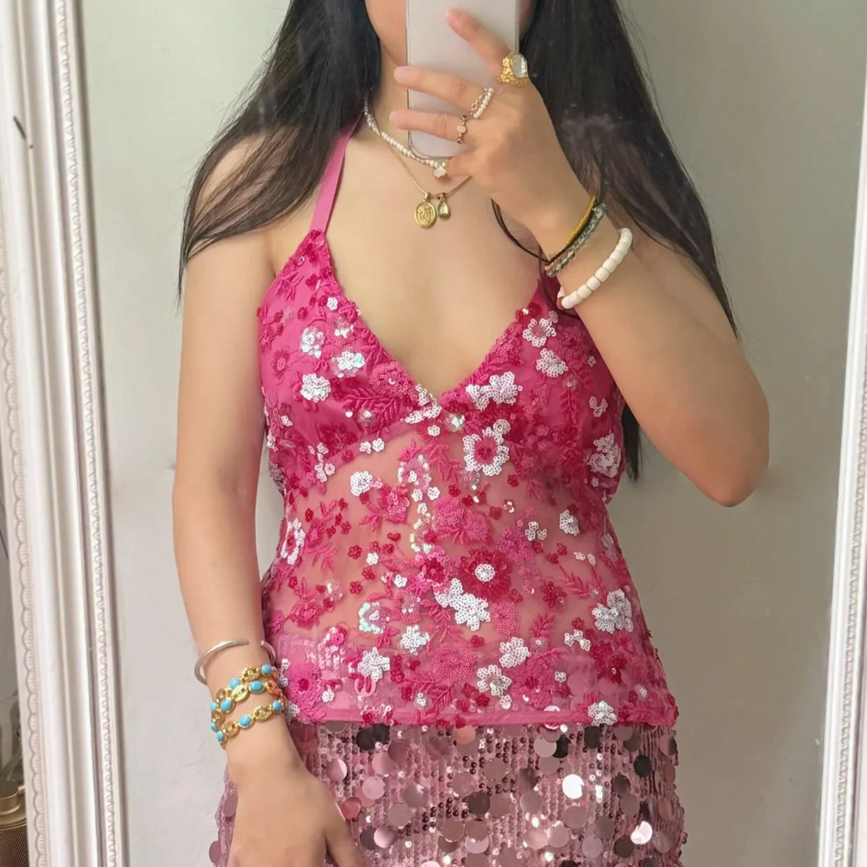 Sequin Halter Top for Women Sexy Deep V Neck Beaded Tops Sparkly Glitter Tank Top Going Out Rave Outfits Party Clubwear