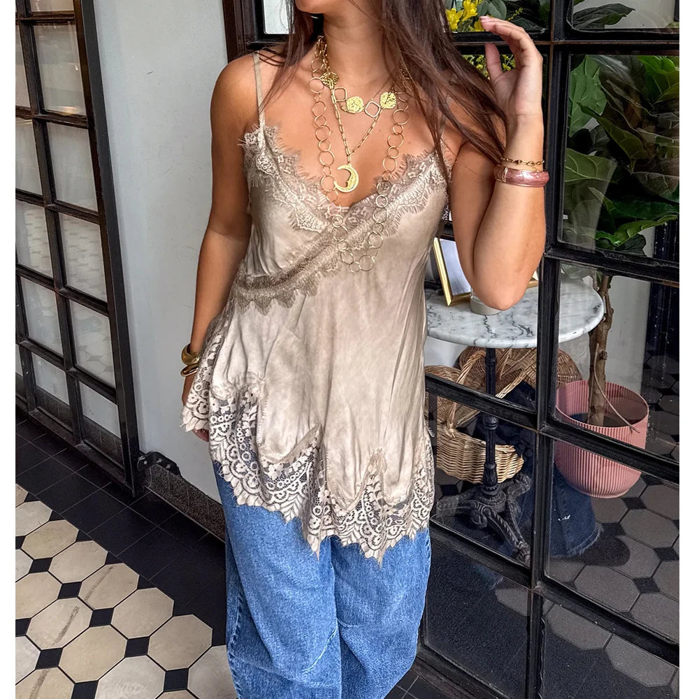 Women Retro Boho Lace Trim Satin Tank Tops V Neck Silk Camisole Tops Asymmetrical Backless Spaghetti Strap Tank Cami Shirts
