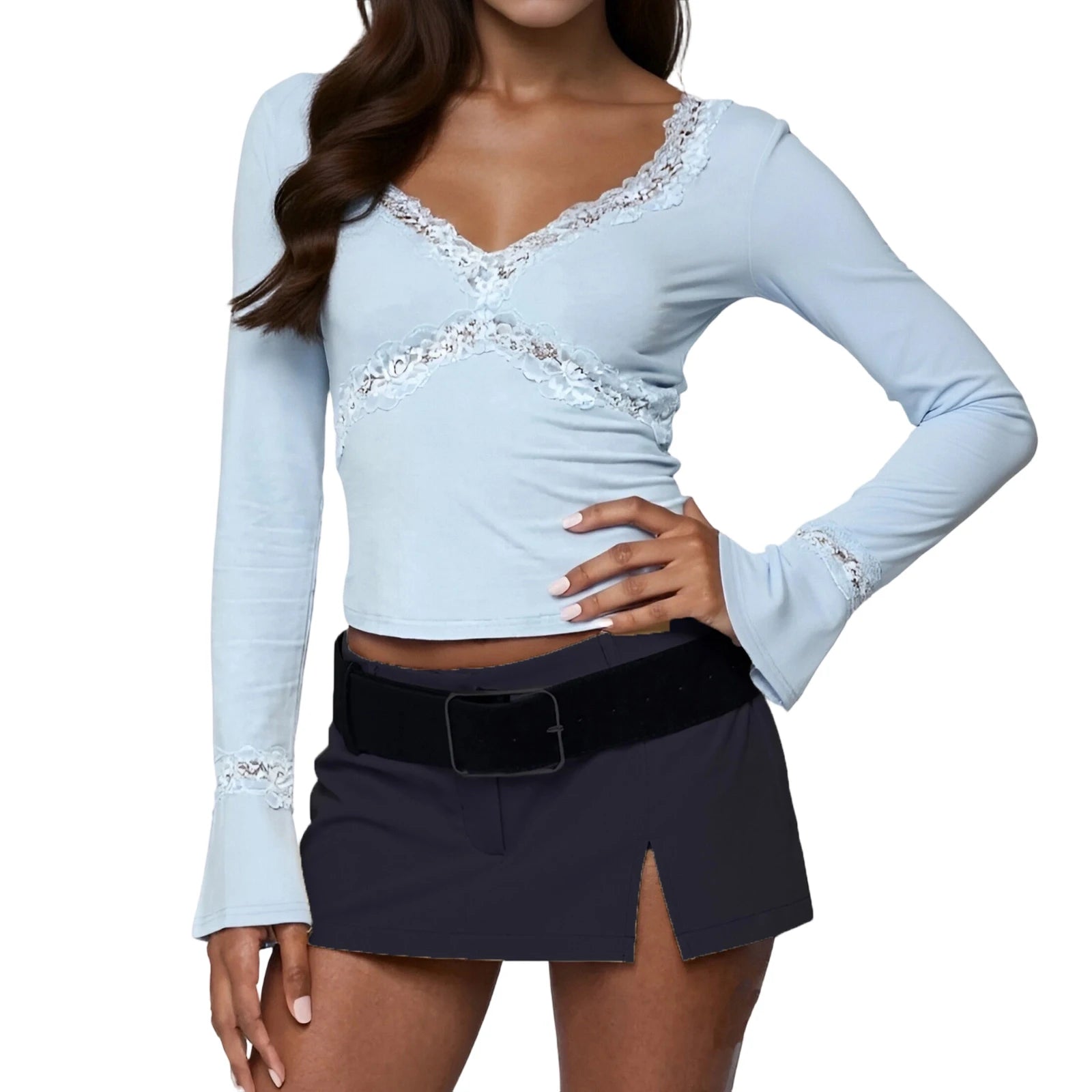 Women s Spring Summer V Neck Tops Blue Long Sleeve Lace Trim  Fit Party Blouse