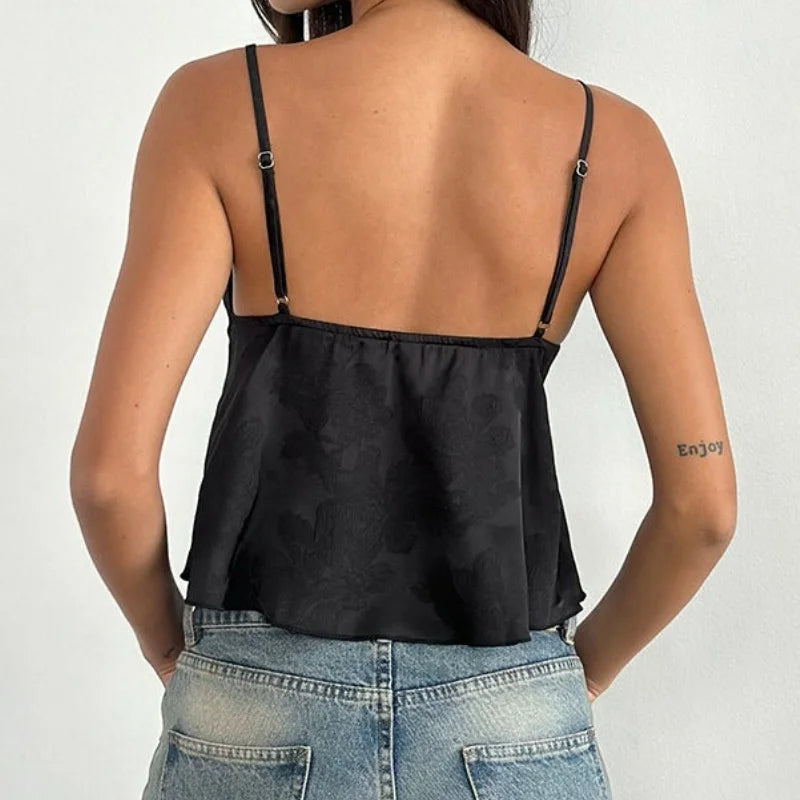 Women's Y2K Fairy Milkmaid Crop Top Cute Floral Satin Tank Top 90s Vintage Aesthetic Top Coquette Cami Tops Streetwear