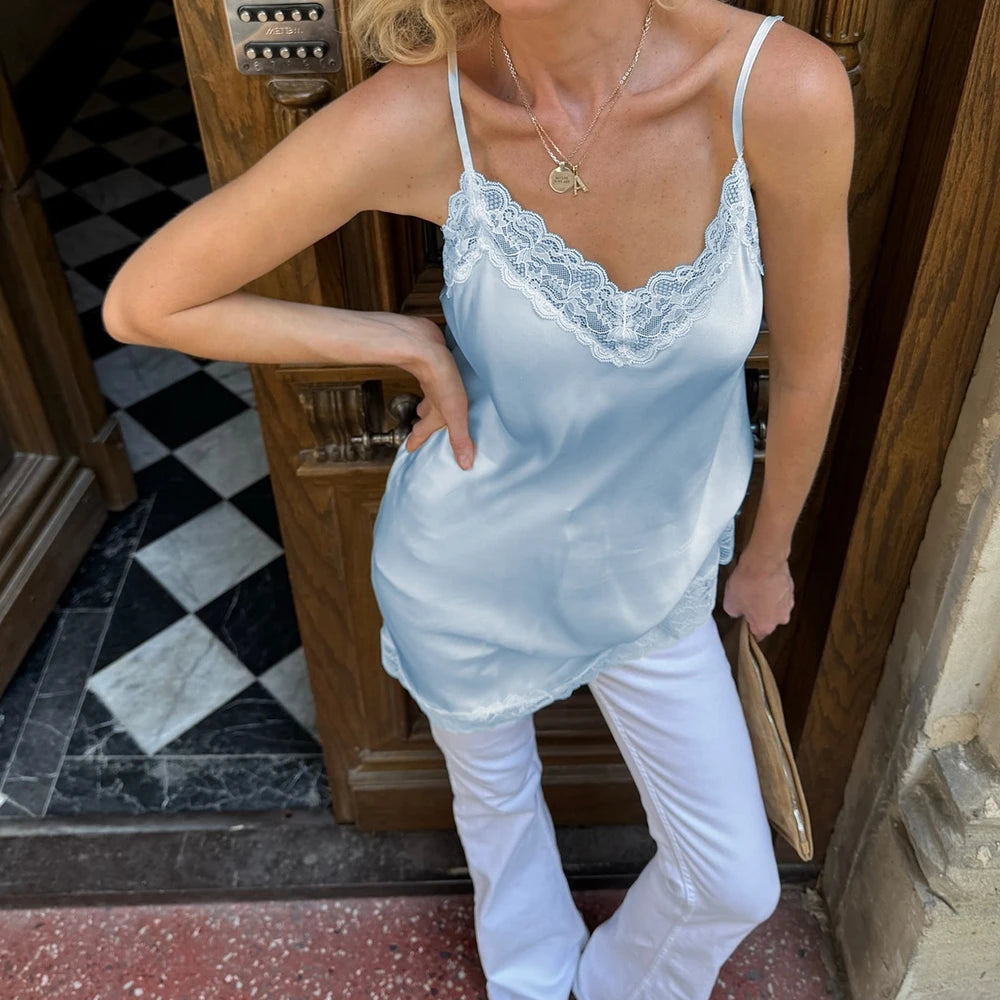 Solid Satin Lace Splicing Sling Tanks Tops Women Elegant Cotton Hem V Neck Backless Sleeveless Coquette Chic Party Club Tops