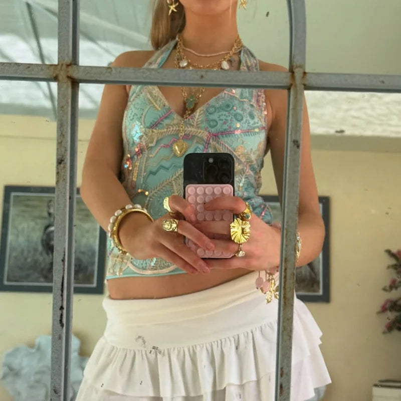 Y2k Aesthetic Sequin Beaded Tank Tops for Woman Sleeveless Halter Neck Crop Vest V Neck Backless Cami Tops Streetwear Going Out