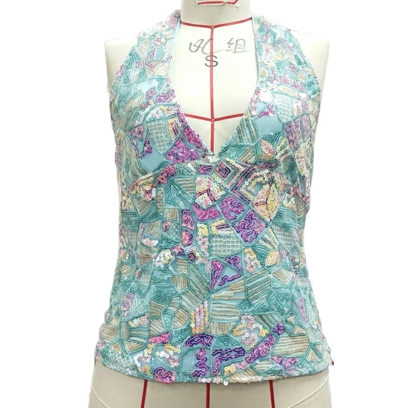 Y2k Aesthetic Sequin Beaded Tank Tops for Woman Sleeveless Halter Neck Crop Vest V Neck Backless Cami Tops Streetwear Going Out