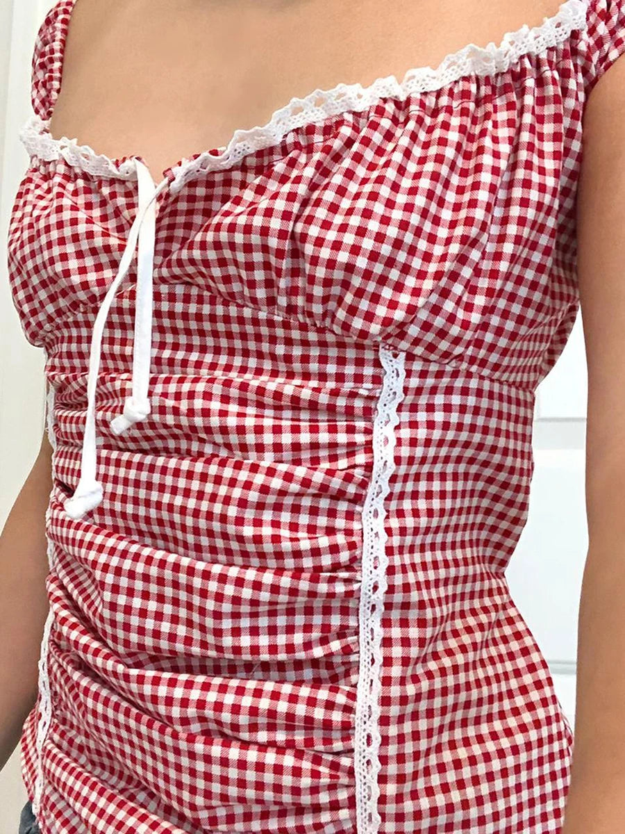Women Y2k Gingham Tank Top Sleeveless Coquette Aesthetic Plaid Print Cami Crop Top Summer Fairycore Grunge Top Streetwear