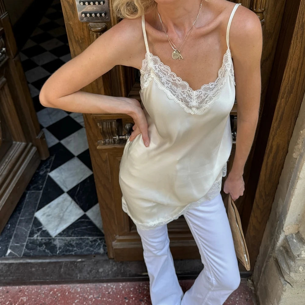 Solid Satin Lace Splicing Sling Tanks Tops Women Elegant Cotton Hem V Neck Backless Sleeveless Coquette Chic Party Club Tops