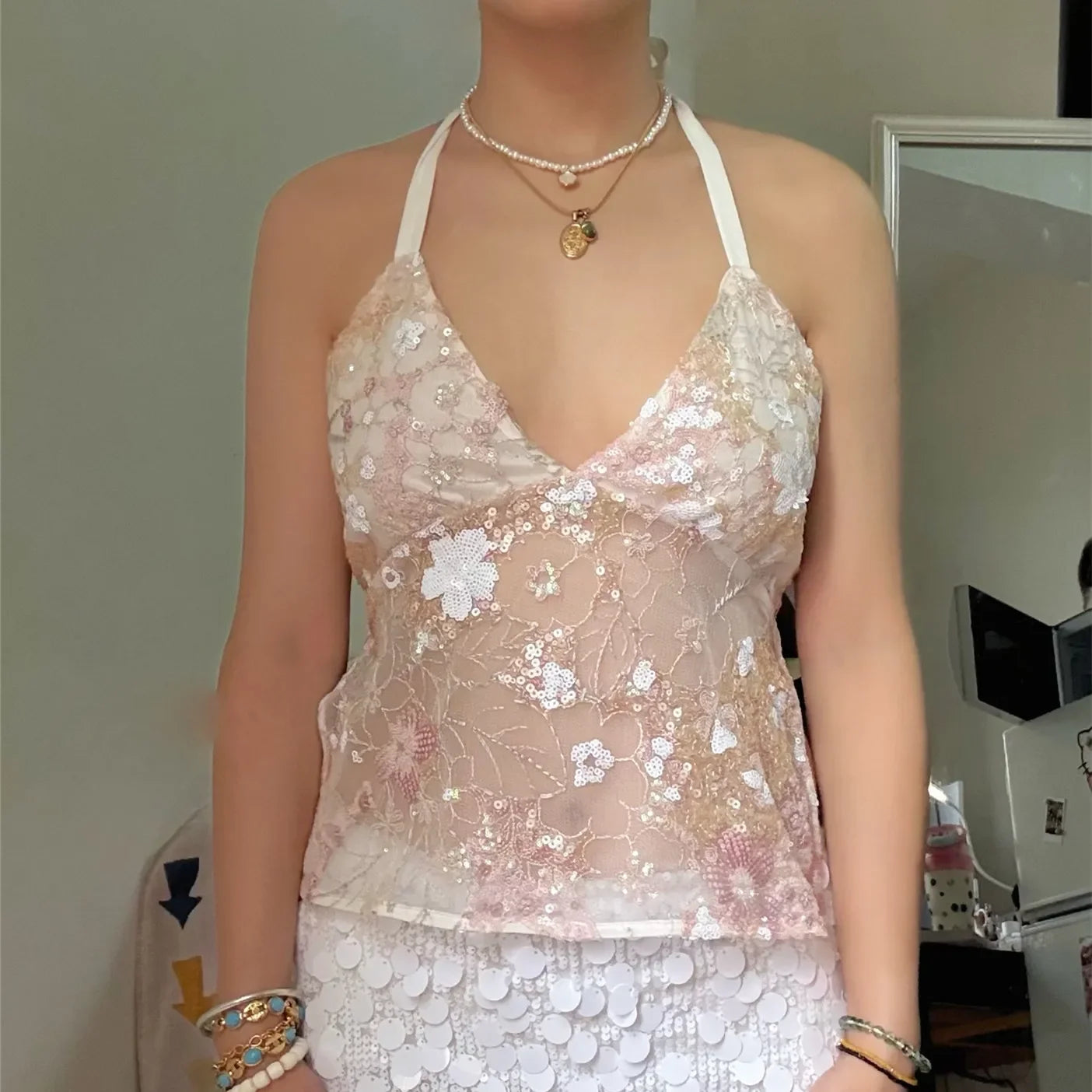 Sequin Halter Top for Women Sexy Deep V Neck Beaded Tops Sparkly Glitter Tank Top Going Out Rave Outfits Party Clubwear