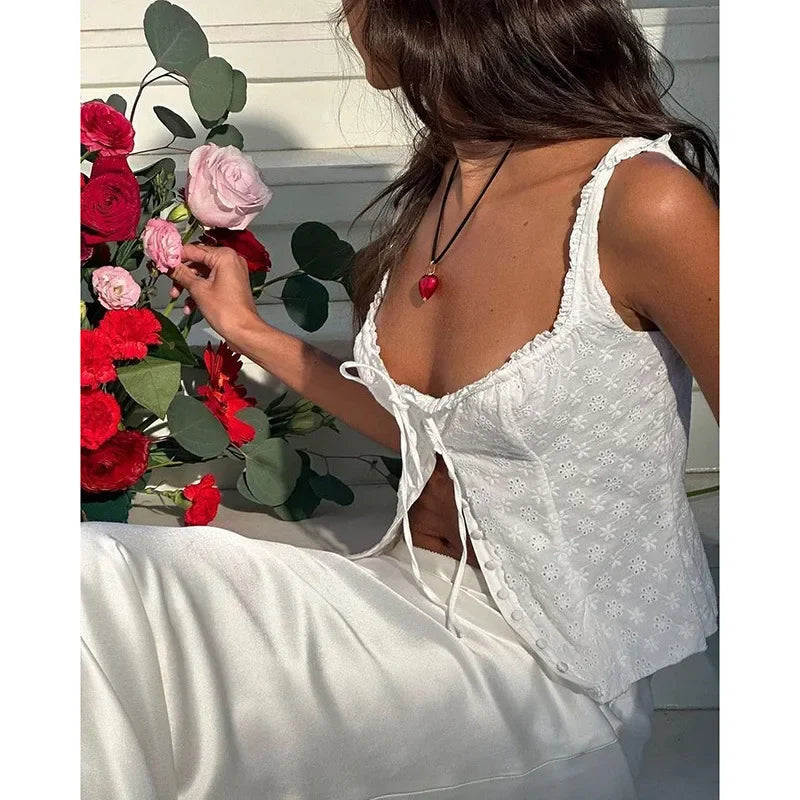 Sexy Top Embroidered Flower Lace Retro Tops 2025 Women's Summer Countryside Style Tank Top m