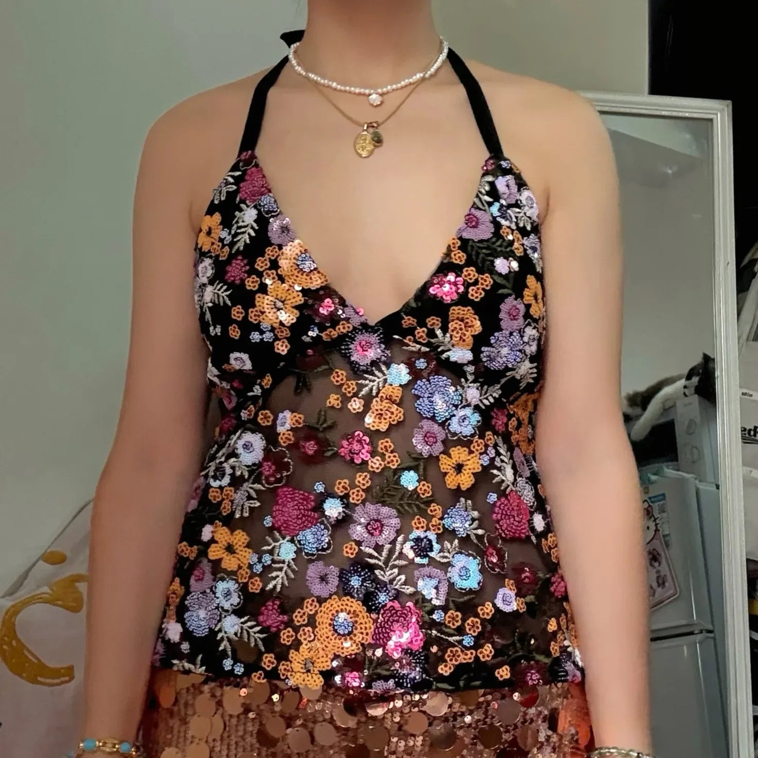 Sequin Halter Top for Women Sexy Deep V Neck Beaded Tops Sparkly Glitter Tank Top Going Out Rave Outfits Party Clubwear