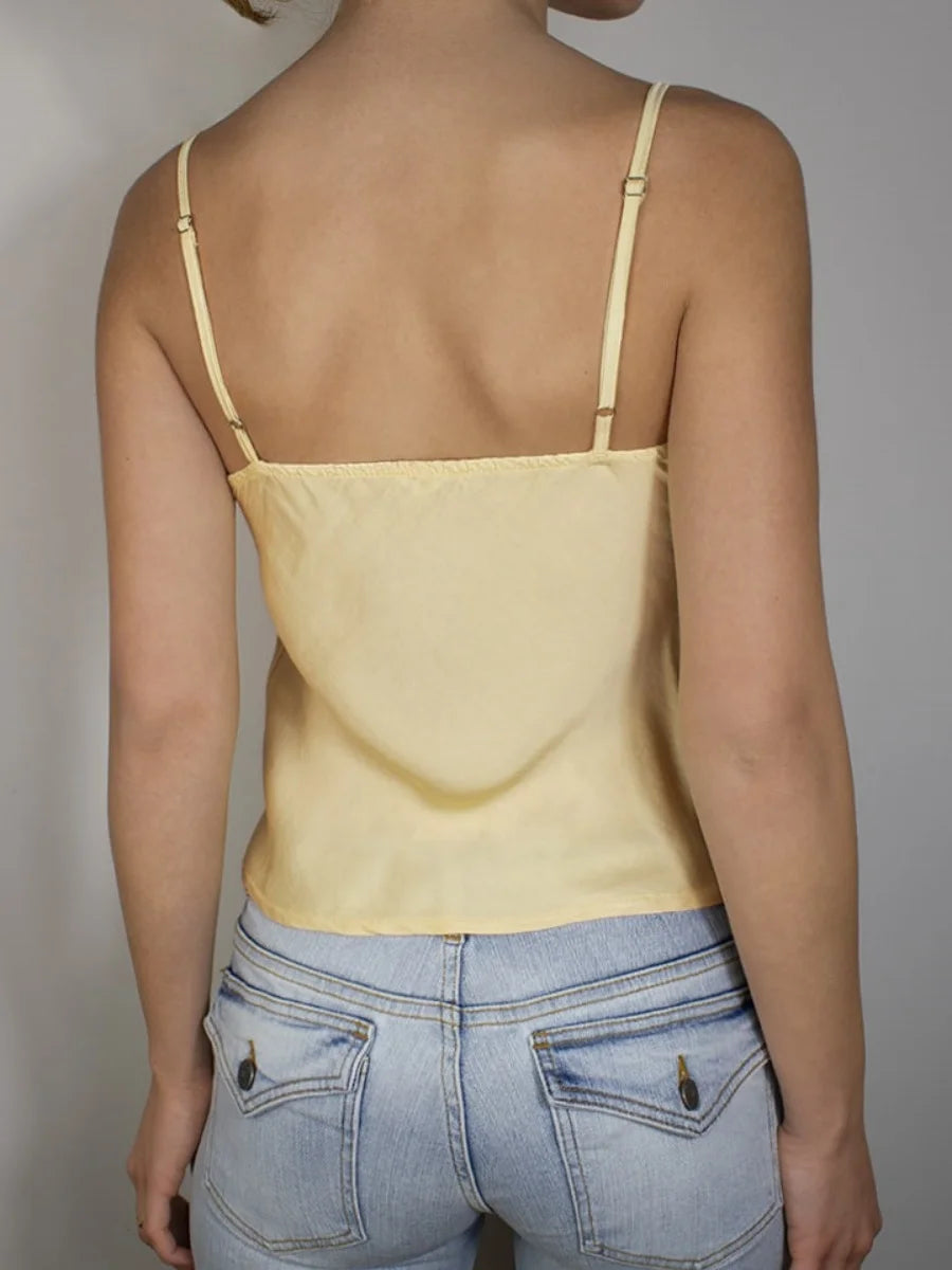 Women Solid Satin Camisole Tops Sleeveless Spaghetti Straps V Neck Summer Y2k Sweet Lace Trim Tank Tops Streetwear Cami Top