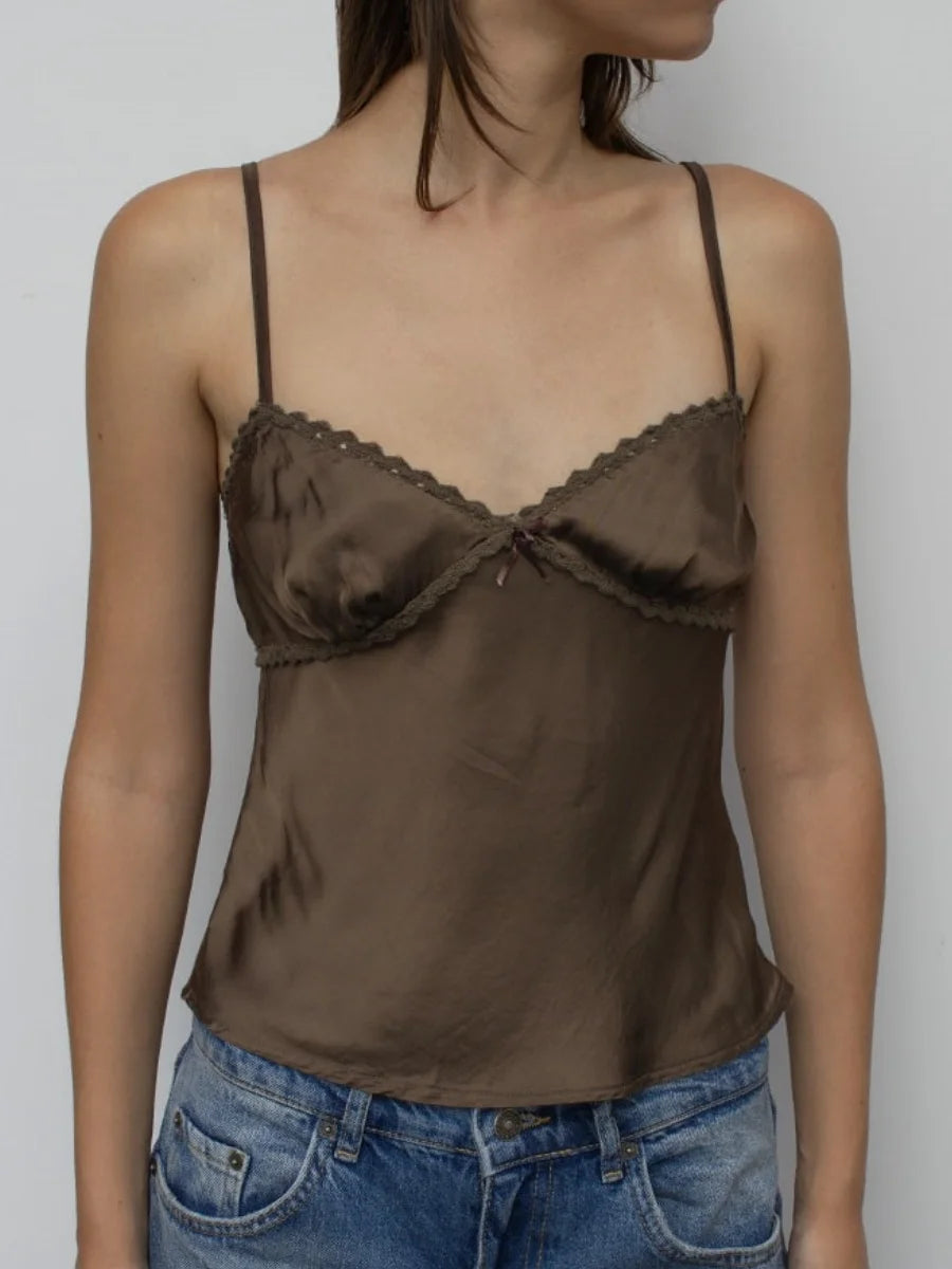 Women Solid Satin Camisole Tops Sleeveless Spaghetti Straps V Neck Summer Y2k Sweet Lace Trim Tank Tops Streetwear Cami Top