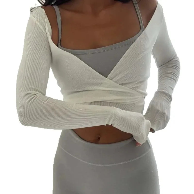 Women Cross Wrap Tie Crop Tops Yoga Shirts Long Sleeve Deep V Neck Solid Color Slim Fit Shirts Ladies Yoga Workout Blouses Tees
