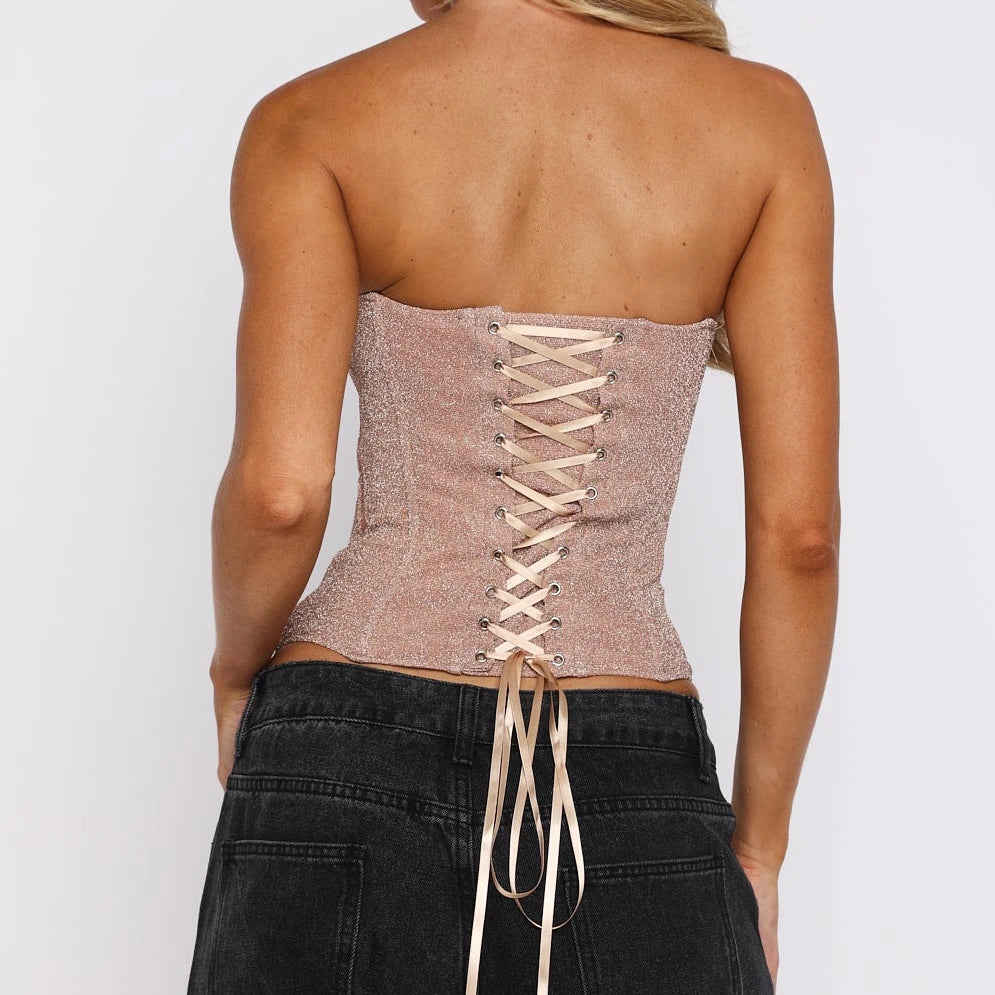 Y2K Clothes Women's Shiny Strapless Corset Tube Top Glittery Boned Bustier Bodyshaper Summer Going Out Shirt