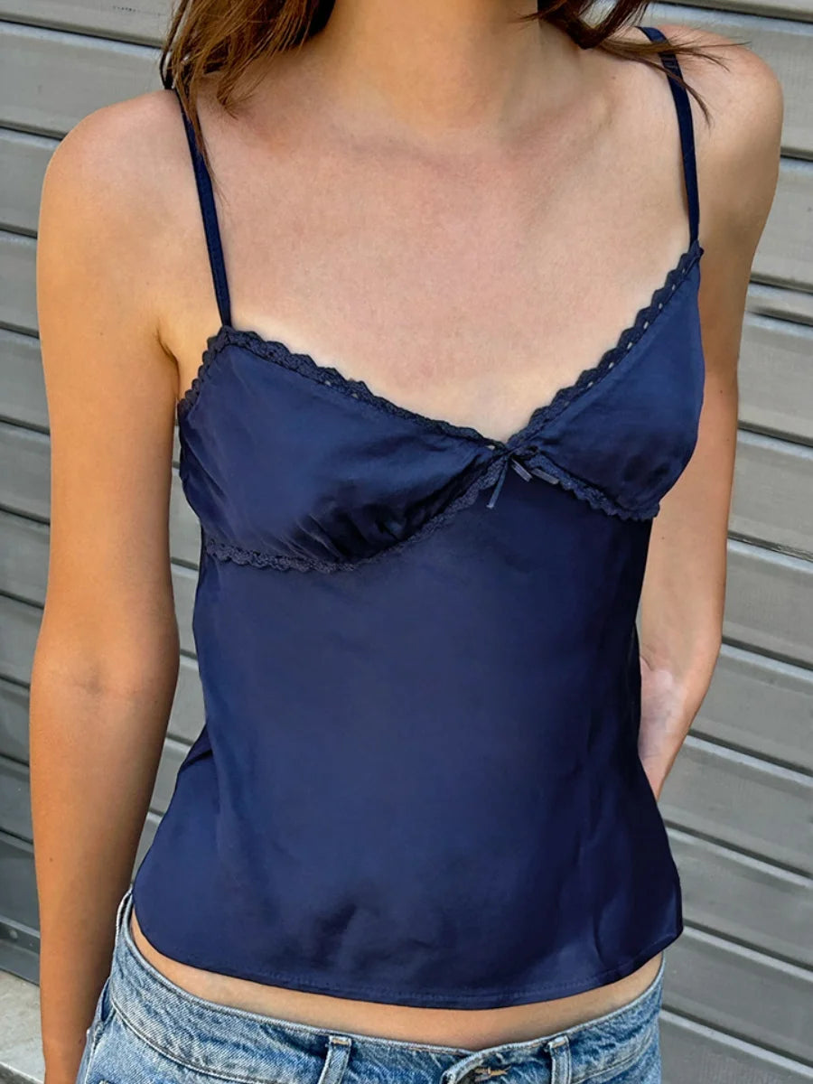Women Solid Satin Camisole Tops Sleeveless Spaghetti Straps V Neck Summer Y2k Sweet Lace Trim Tank Tops Streetwear Cami Top