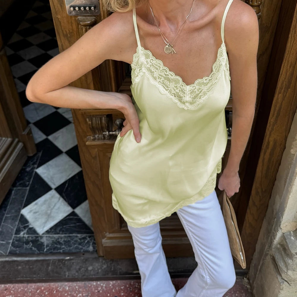 Solid Satin Lace Splicing Sling Tanks Tops Women Elegant Cotton Hem V Neck Backless Sleeveless Coquette Chic Party Club Tops