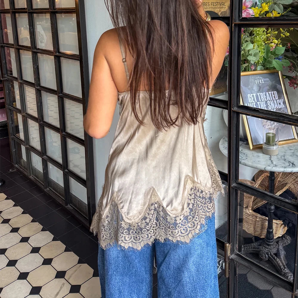 Women Retro Boho Lace Trim Satin Tank Tops V Neck Silk Camisole Tops Asymmetrical Backless Spaghetti Strap Tank Cami Shirts