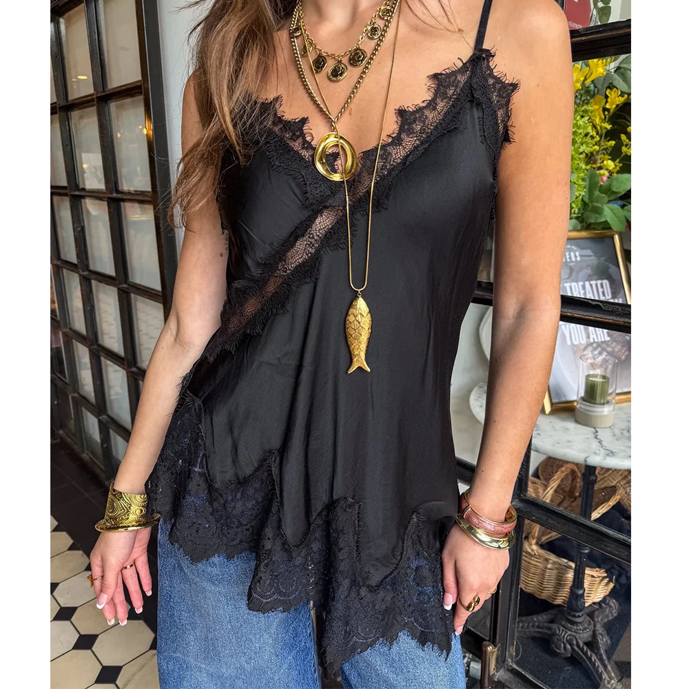Women Retro Boho Lace Trim Satin Tank Tops V Neck Silk Camisole Tops Asymmetrical Backless Spaghetti Strap Tank Cami Shirts