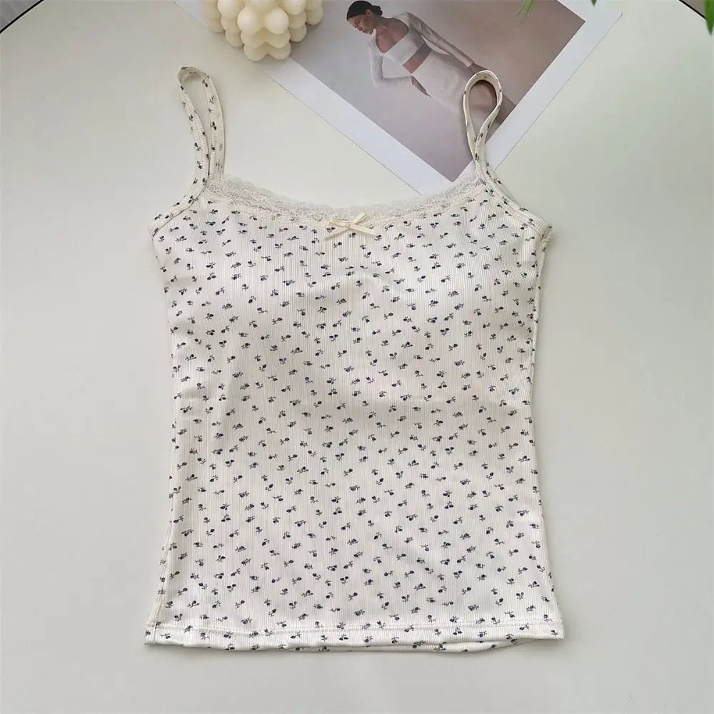 Elegant Lace Flower Print Camis 2024 Y2K Slim Sexy Vest Floral Tops One Size Floral Tank Tops Spring
