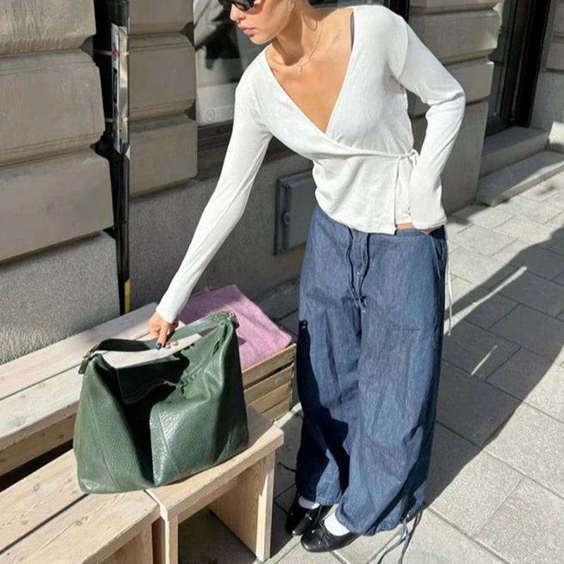 Maemukilabe Street Style Tie Up Crop Tops Ladies V Neck Bandage T-shirt Women Slim Fit Long Sleeve Blouse Tees Vintage Clothes