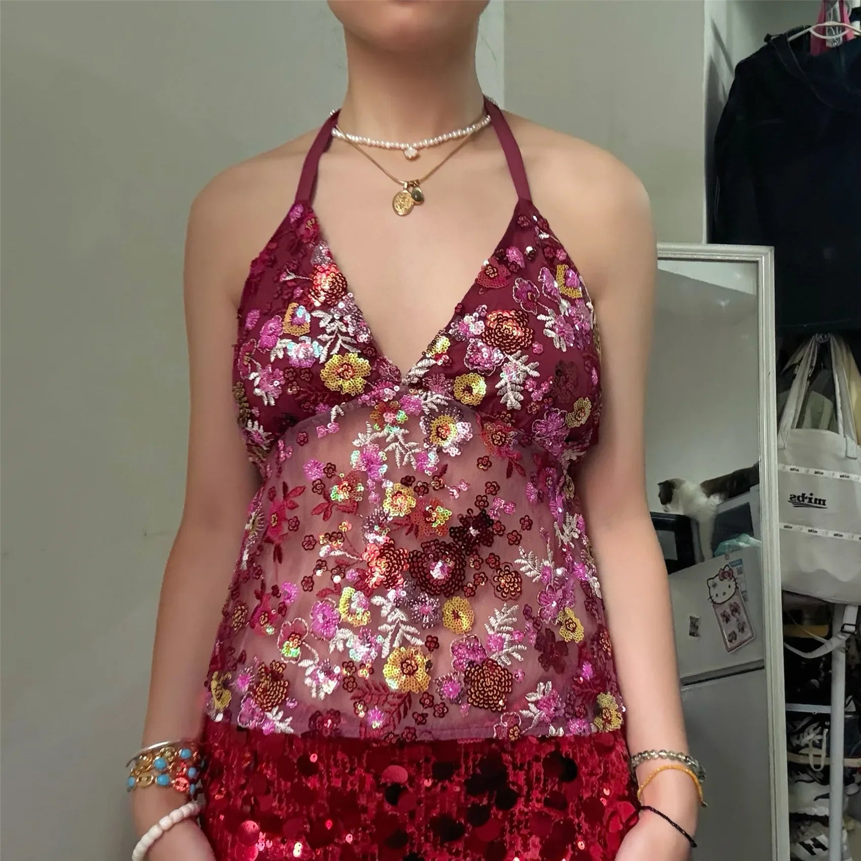 Sequin Halter Top for Women Sexy Deep V Neck Beaded Tops Sparkly Glitter Tank Top Going Out Rave Outfits Party Clubwear