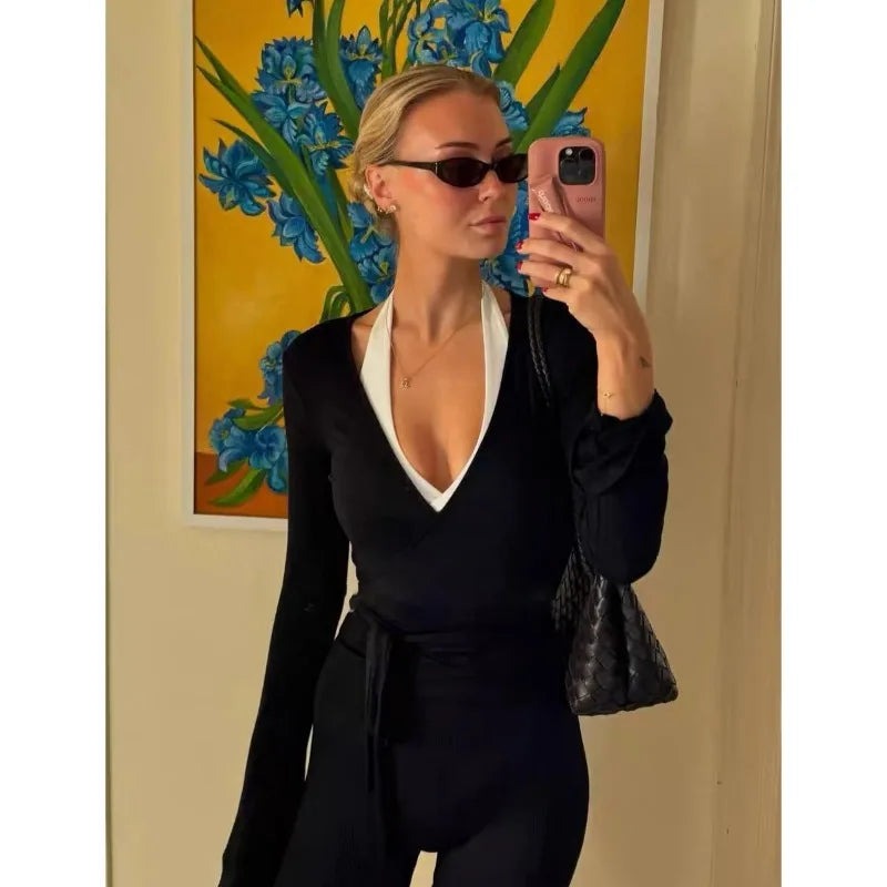 Women Cross Wrap Tie Crop Tops Yoga Shirts Long Sleeve Deep V Neck Solid Color Slim Fit Shirts Ladies Yoga Workout Blouses Tees
