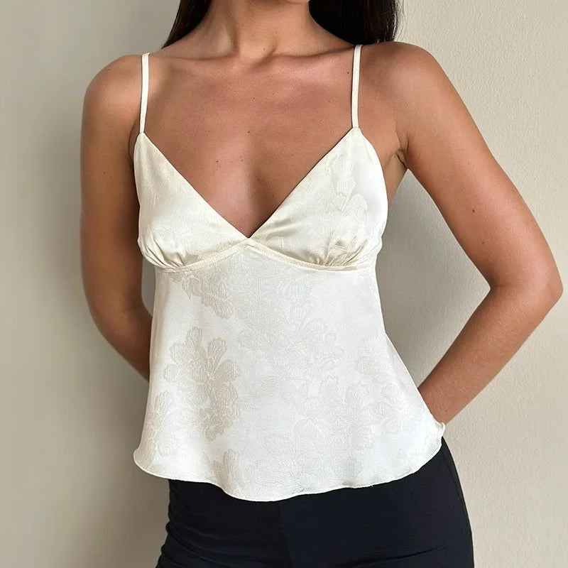 Women's Y2K Fairy Milkmaid Crop Top Cute Floral Satin Tank Top 90s Vintage Aesthetic Top Coquette Cami Tops Streetwear