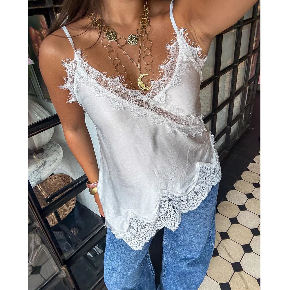 Women Retro Boho Lace Trim Satin Tank Tops V Neck Silk Camisole Tops Asymmetrical Backless Spaghetti Strap Tank Cami Shirts