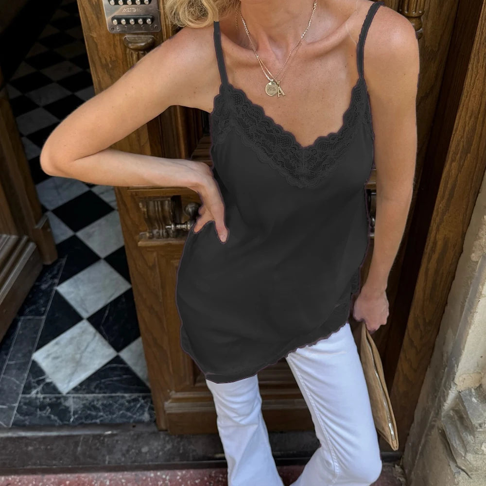 Solid Satin Lace Splicing Sling Tanks Tops Women Elegant Cotton Hem V Neck Backless Sleeveless Coquette Chic Party Club Tops