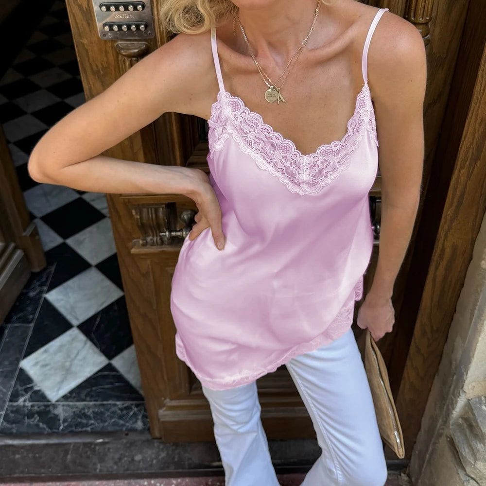 Solid Satin Lace Splicing Sling Tanks Tops Women Elegant Cotton Hem V Neck Backless Sleeveless Coquette Chic Party Club Tops